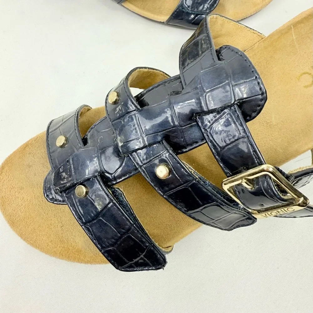 Vionic RADIA Blue Patent Reptile Embossed Triple T Strap Slide Wedge Sandals